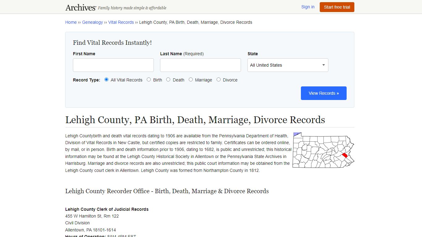 Lehigh County, PA Birth, Death, Marriage, Divorce Records - Archives.com